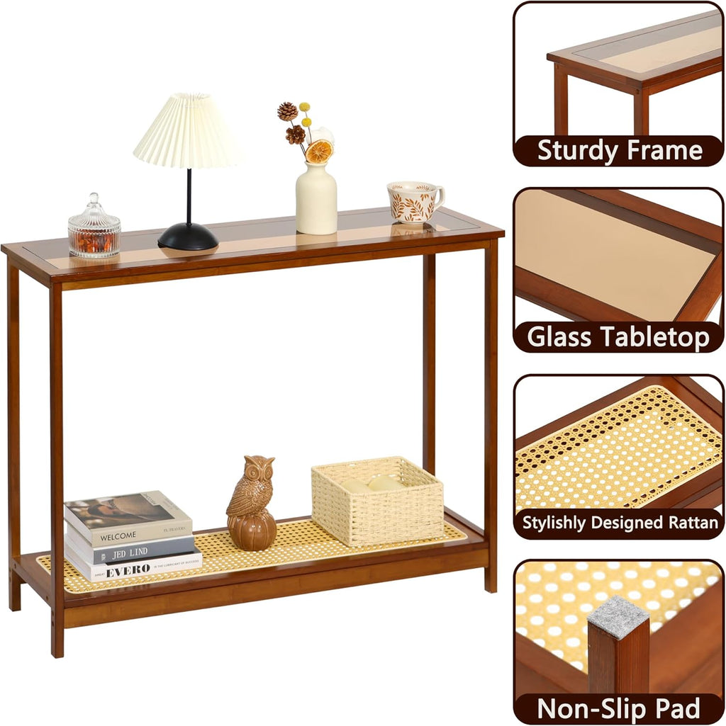 Bamboo Narrow Console Table, 39.4"(L) Wood Small Entryway Table with Rattan and Glass, Accent Slim Hallway Tables, Thin Sofa Side Tables for Hallway, Living Room, Bedroom, Foyer, Walnut