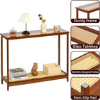 Bamboo Narrow Console Table, 39.4"(L) Wood Small Entryway Table with Rattan and Glass, Accent Slim Hallway Tables, Thin Sofa Side Tables for Hallway, Living Room, Bedroom, Foyer, Walnut