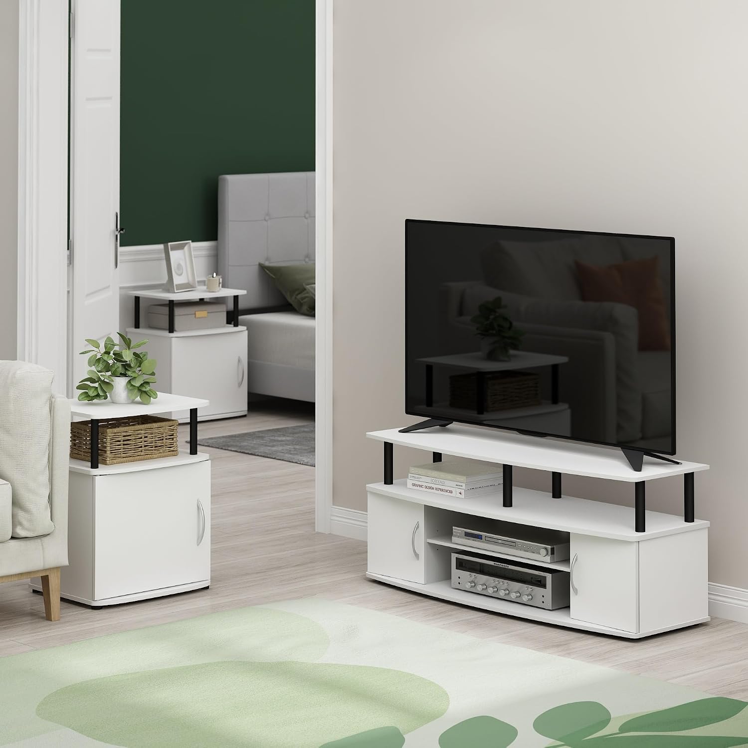 Furinno Jaya Side Table Set of 2, 2-Tier Open Shelf End Table with Door Cabinet, Soft-Edges Night Stand, Bedside Table, for Living Room, Bedroom, White