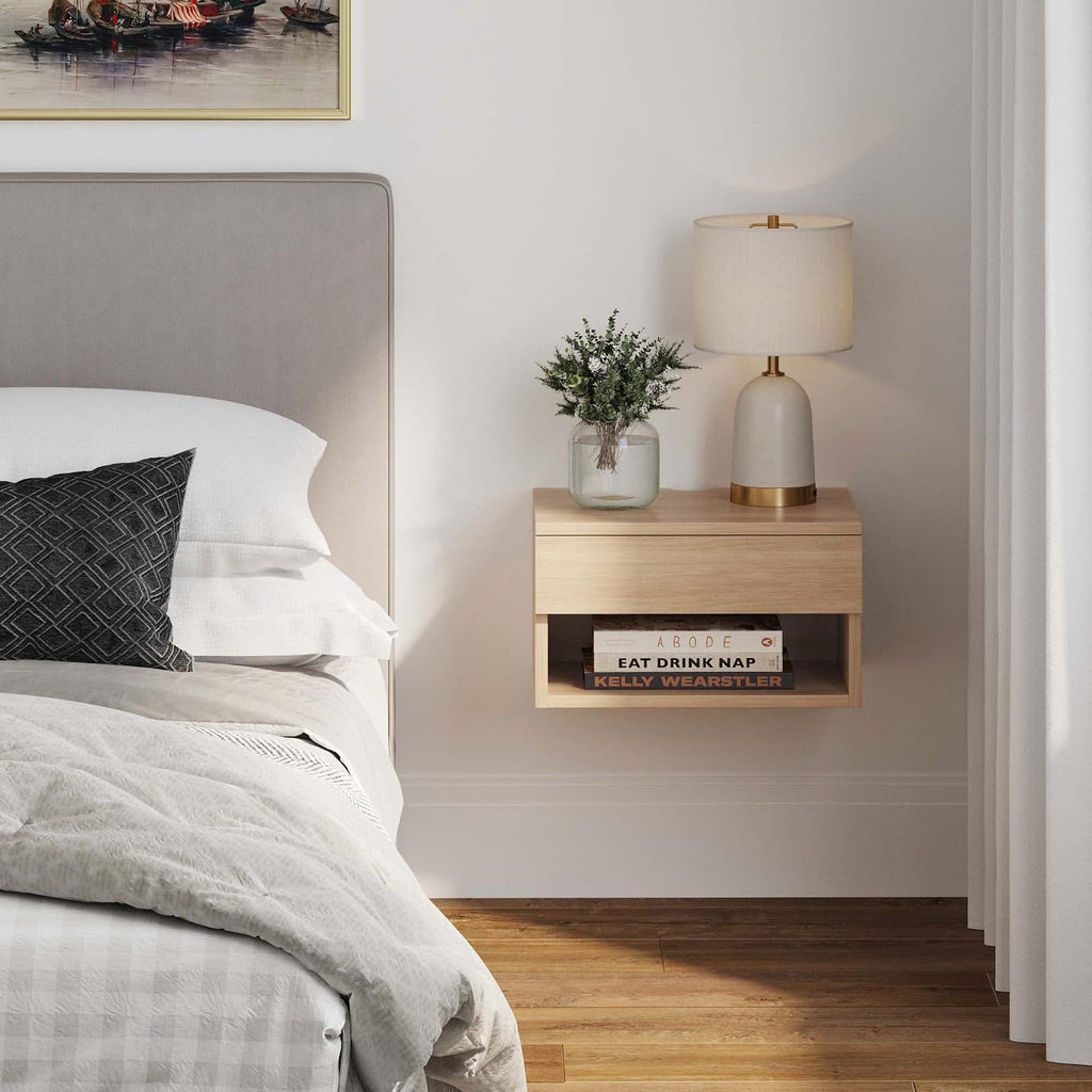 Nathan James Jackson Wall Mounted Floating Bedroom Nightstand with Storage Drawer and Modern Open Shelf Cubby, Light Oak Wood