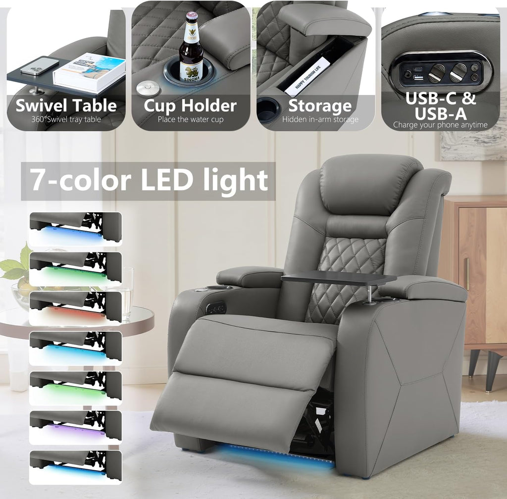 Home Theater Seating, Classic Series Leather Movie Theater Chairs, Power Headrest and Memory with C-Type USB Charger, 7-Color Ambient Lighting and Tray Table, Gray Power Adjustable Recliner(Row of 2L)