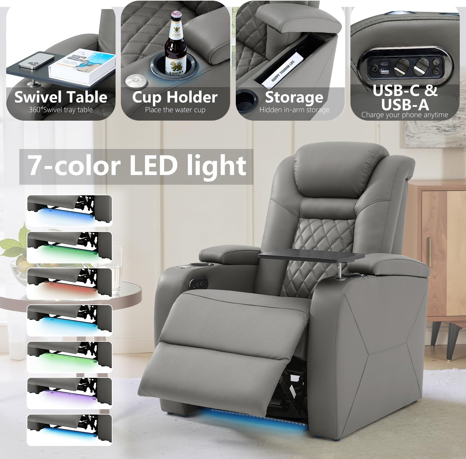 Home Theater Seating, Classic Series Leather Movie Theater Chairs, Power Headrest and Memory with C-Type USB Charger, 7-Color Ambient Lighting and Tray Table, Gray Power Adjustable Recliner(Row of 2L)