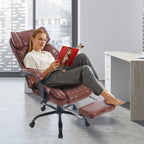 Reclining Ergonomic Executive Office Chair With Footrest, 400lbs Big Tall Recliner Desk Chairs with Lumbar Support, Heavy Duty High Back Vintage Leather Home Computer Chair with Wheels, Brown