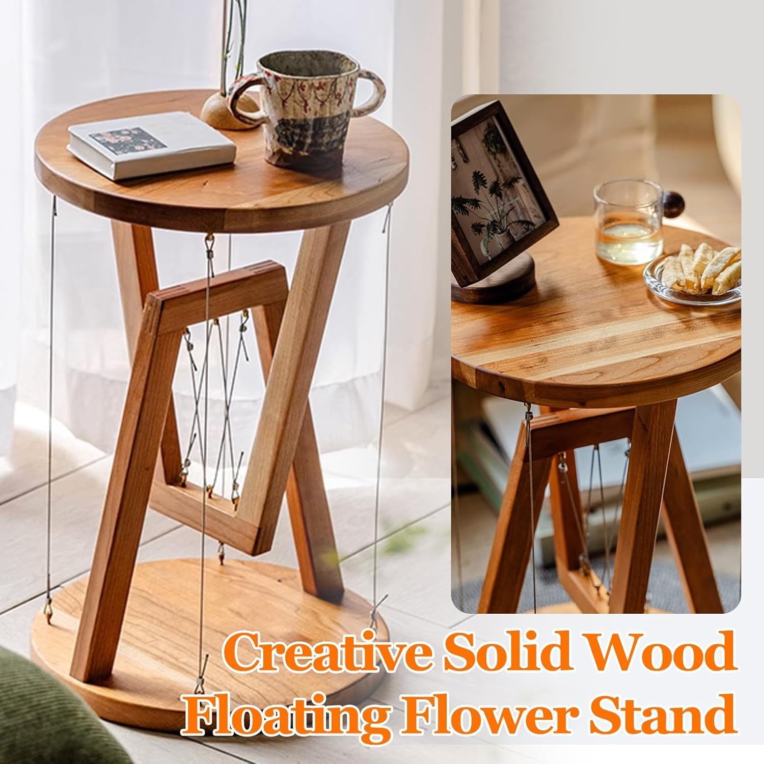 Floating Effect End Table, Solid Wood Tensegrity Side Table, Anti-Gravity Hanging Plant Rack, Modern Floating End Table, for Living Room & Bedroom (Natural, 11.8" L * 11.8" W * 17.5" H in, Wood)