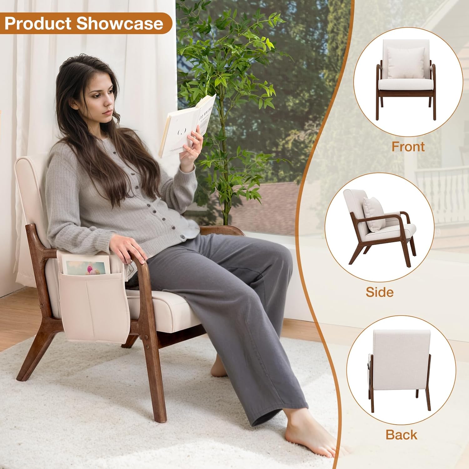 HOMMPA Mid-Century Modern Accent Chair Set of 2, Comfy Reading Armchair with Solid Wood Frame & Lumbar Pillow, Upholstered Linen Lounge Chair with Side Pocket for Living Room, Bedroom,Balcony(Beige)
