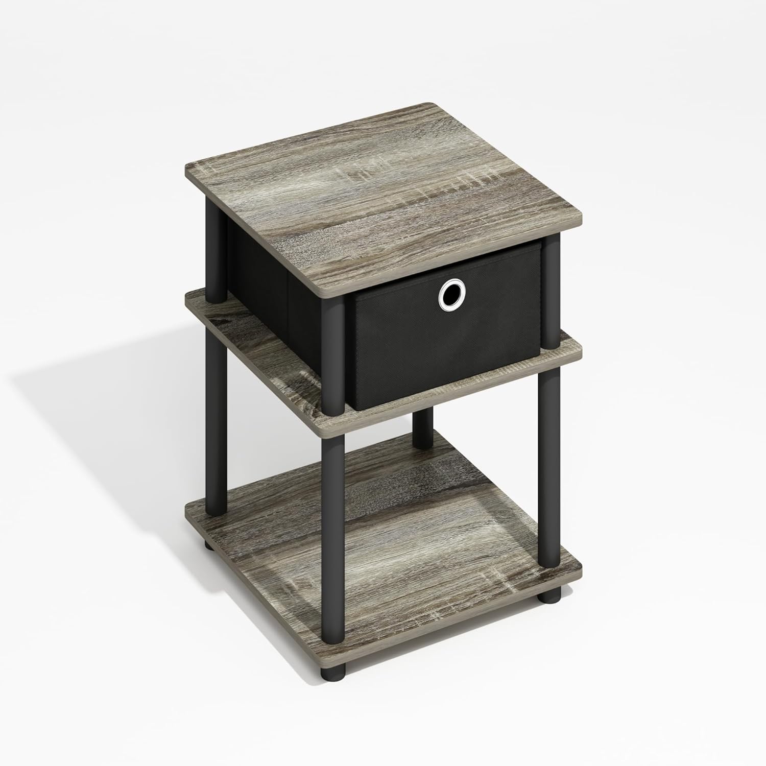 Furinno Turn-N-Tube Side Table, 3-Tier Square Modern End Table with Storage Bin, Open Shelf Night Stand, Bedside Table, Easy Assembly, Grey Oak
