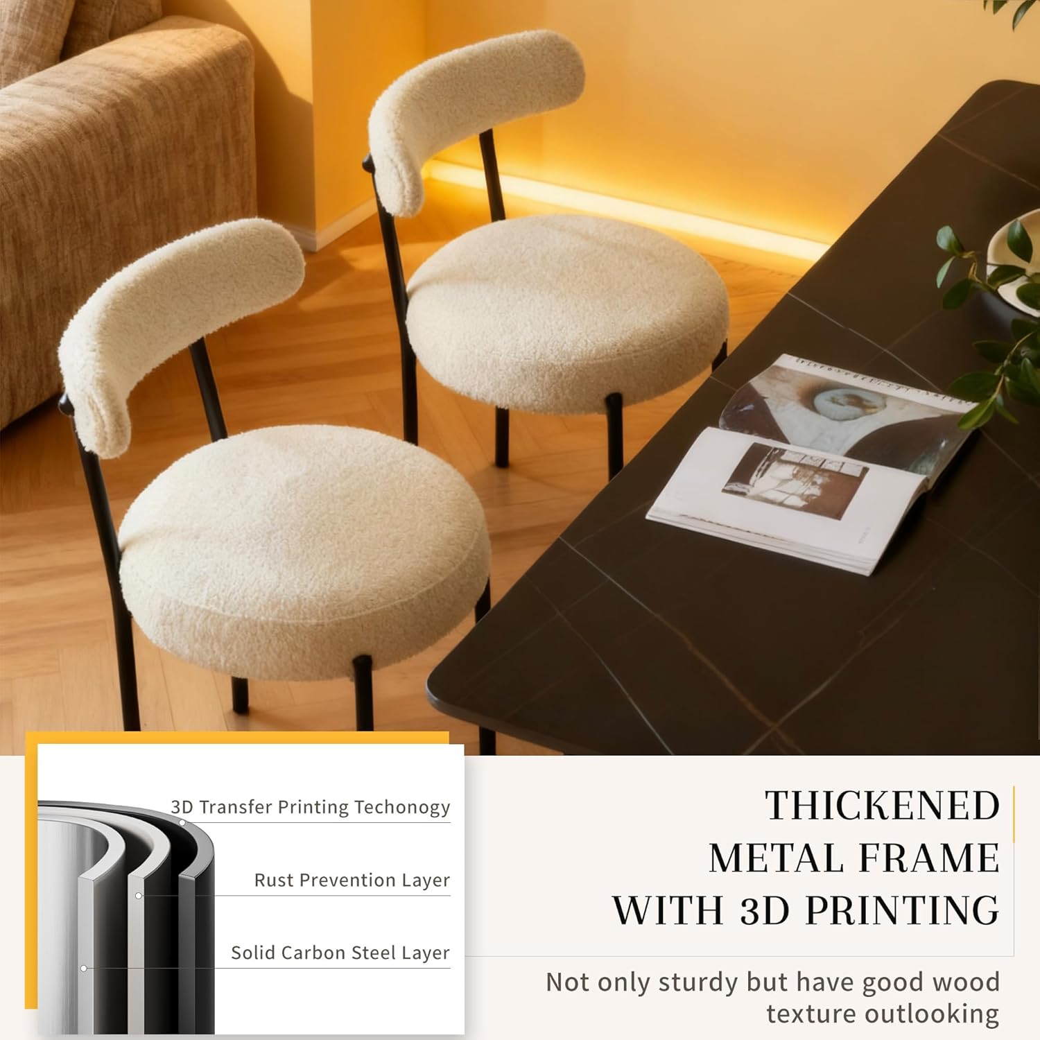 Dining Chairs Set of 2, Boucle Upholstered Modern Mid Century Round Kitchen Chairs with Curved Backrest & Metal Legs for Vanity, Living Room (White-1)