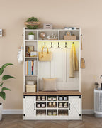 Hzuaneri 47.2" Hall Tree, LED Farmhouse Entryway Storage and Coat Rack Wood, Entryway Furniture with 7 Hooks, Hall Tree with Bench and Storage, 6 Storages Partitions Shoe Bench, Rustic White HT24514X