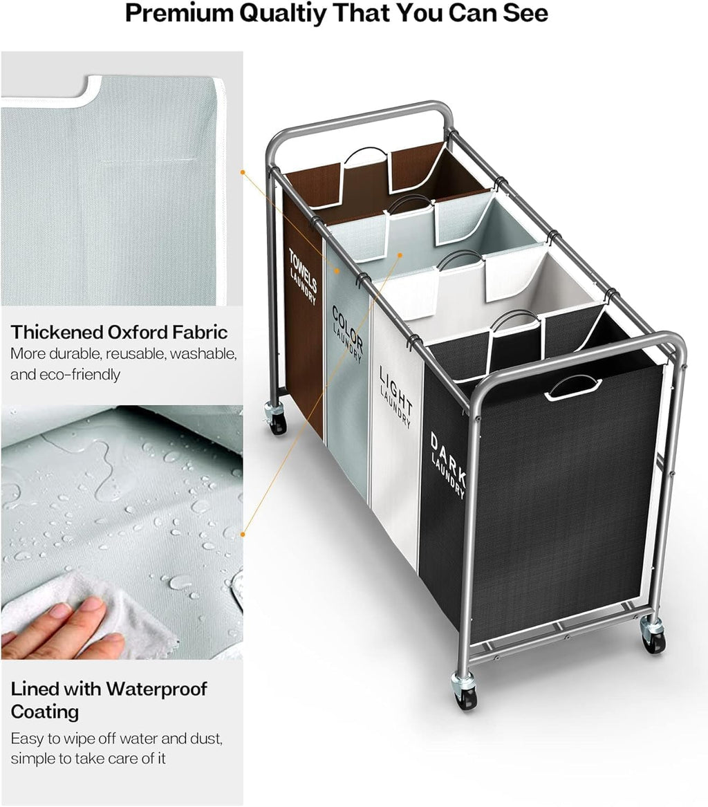 ROMOON Laundry Hamper Sorter Cart: 4-Section Organizer with Heavy-Duty Lockable Wheels and Removable Bags | 180L Rolling Laundry Basket for Dirty Clothes in Laundry Room or Small Spaces (Multicolor)