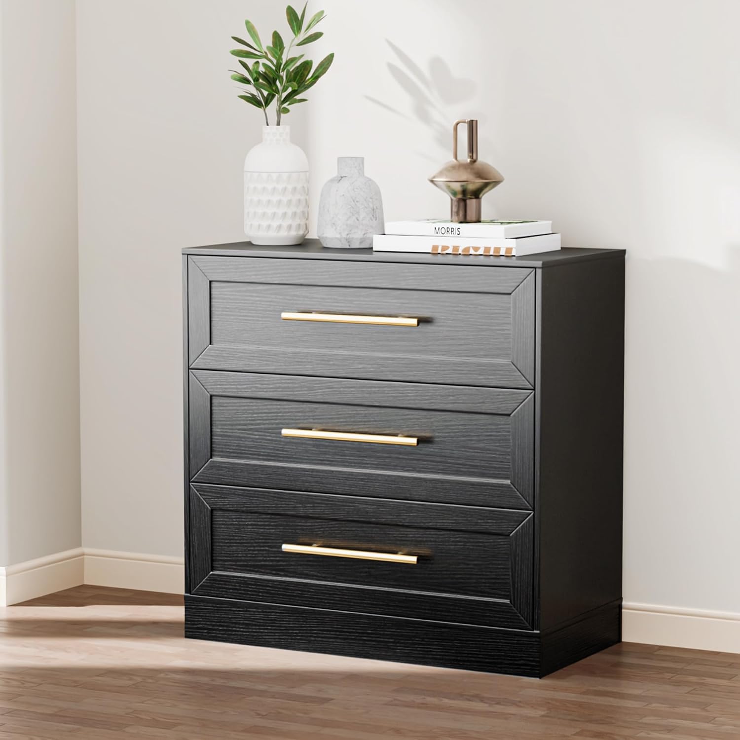Anbuy Night Stand Large Bedside Side Table with 3 Drawers, Modern Wood Nightstand, Storage End Table with Golden Handles for Bedroom, Living Room (1 Piece, Black)