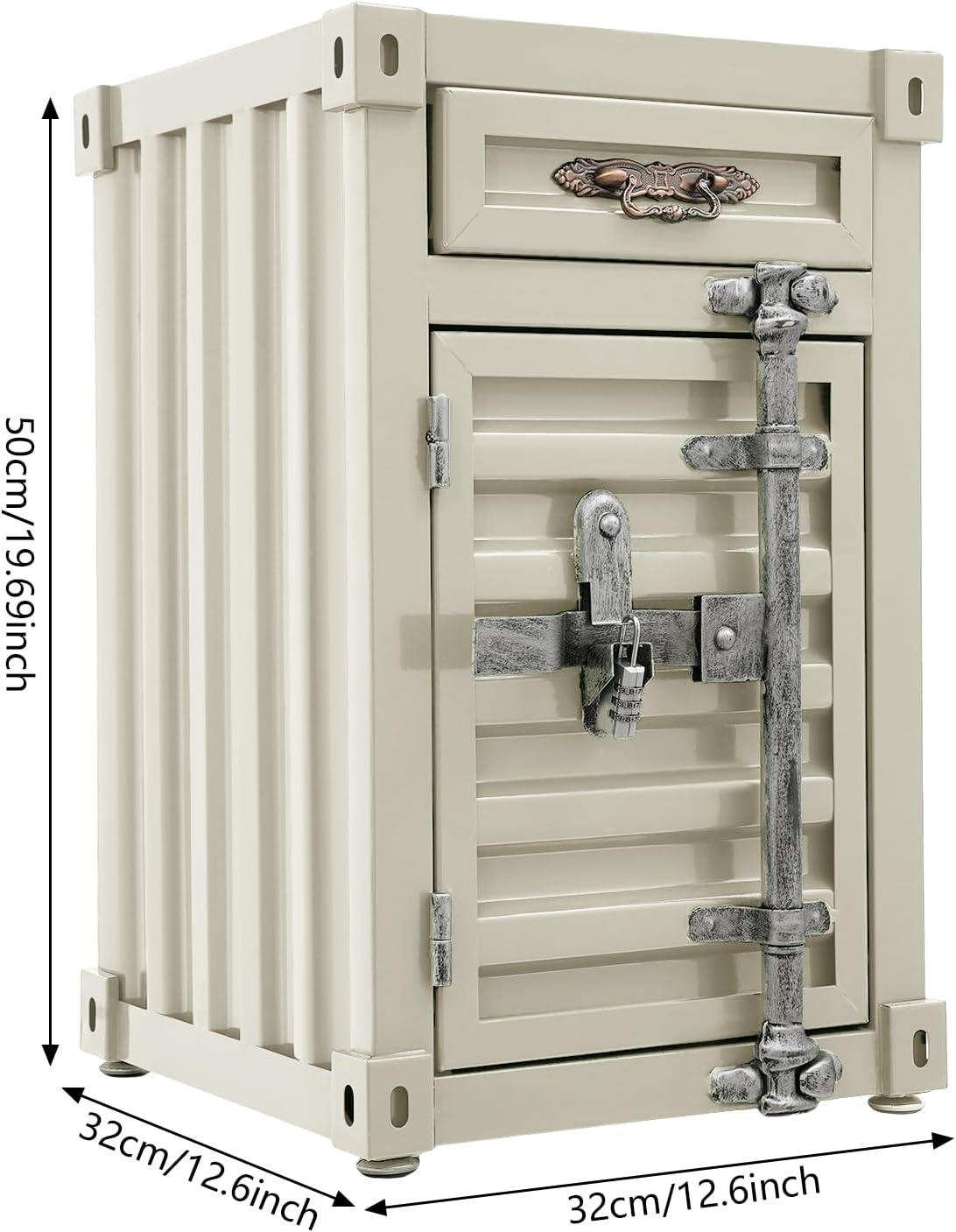 Industrial Wind Bedside Table, Container Style Locker Wrought, Iron Container Side Table with Metal Combination Lock for Living Room, Bar, Office (Creamy White, 12.6 x 12.6 x 19.69in)