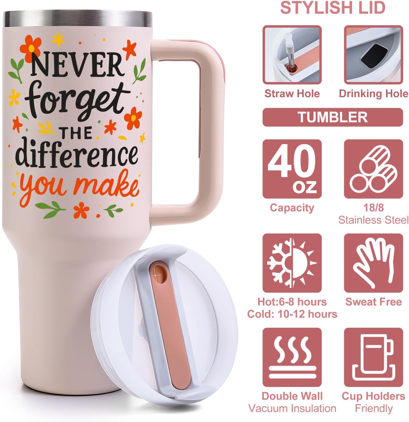 Thank You Gifts for Women, Never Forget the Difference You Make Tumbler - 40oz Stainless Steel Insulated Tumbler with Lid - Appreciation Retirement Gifts for Women, Farewell Gift for Coworkers