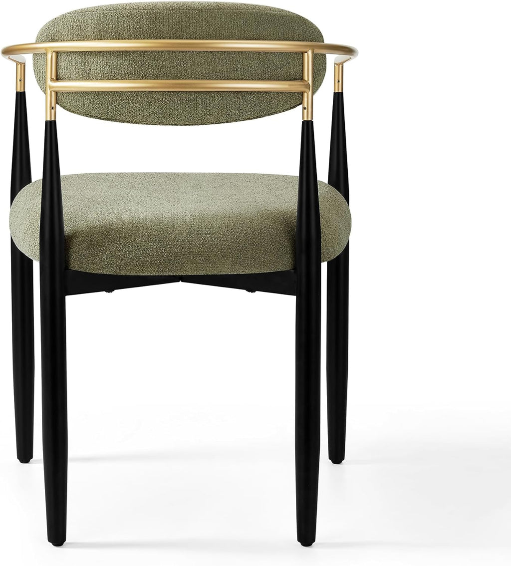 Morden Fort Set of 2 Chenille Upholstered Dining Chairs with Arms,Black Metal Frame with Gold Accent,Padded Kitchen,Green