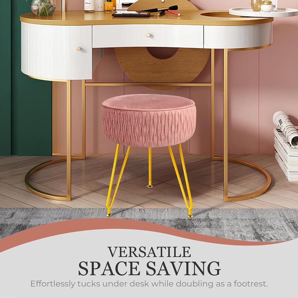 Velvet Vanity Stool Footrests, Round Ottoman Vanity Chairs with Anti-Slip Feet, Dressing Table Seat Foot Stool with Black Legs, Furry Padded Seat Side Table for Makeup Bedroom(Pink, Golden)