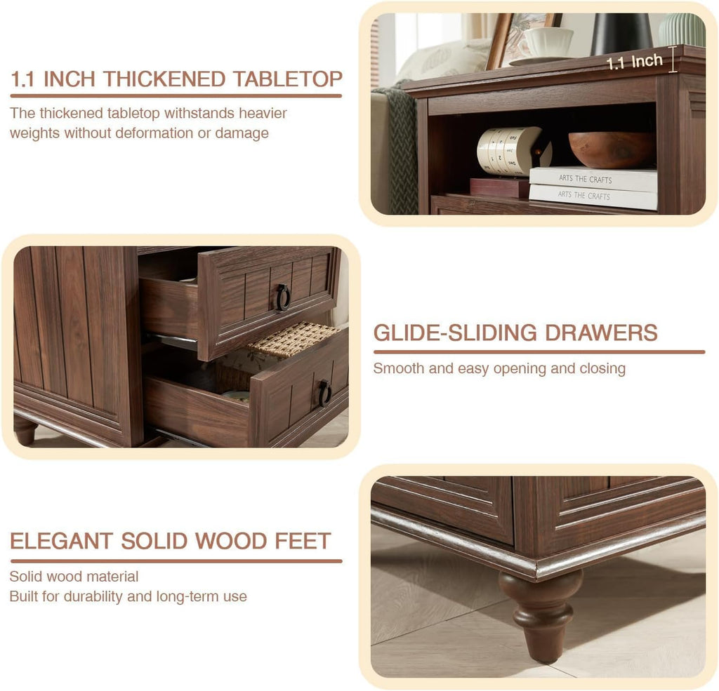 Farmhouse Nightstand with Charging Station, 22" Large End Table with 2 Drawers & Open Shelf, Rustic Wood Square Sofa Side Bedside Table w/4 Solid Wood Feet for Living Room, Bedroom,2 Pack,Walnut