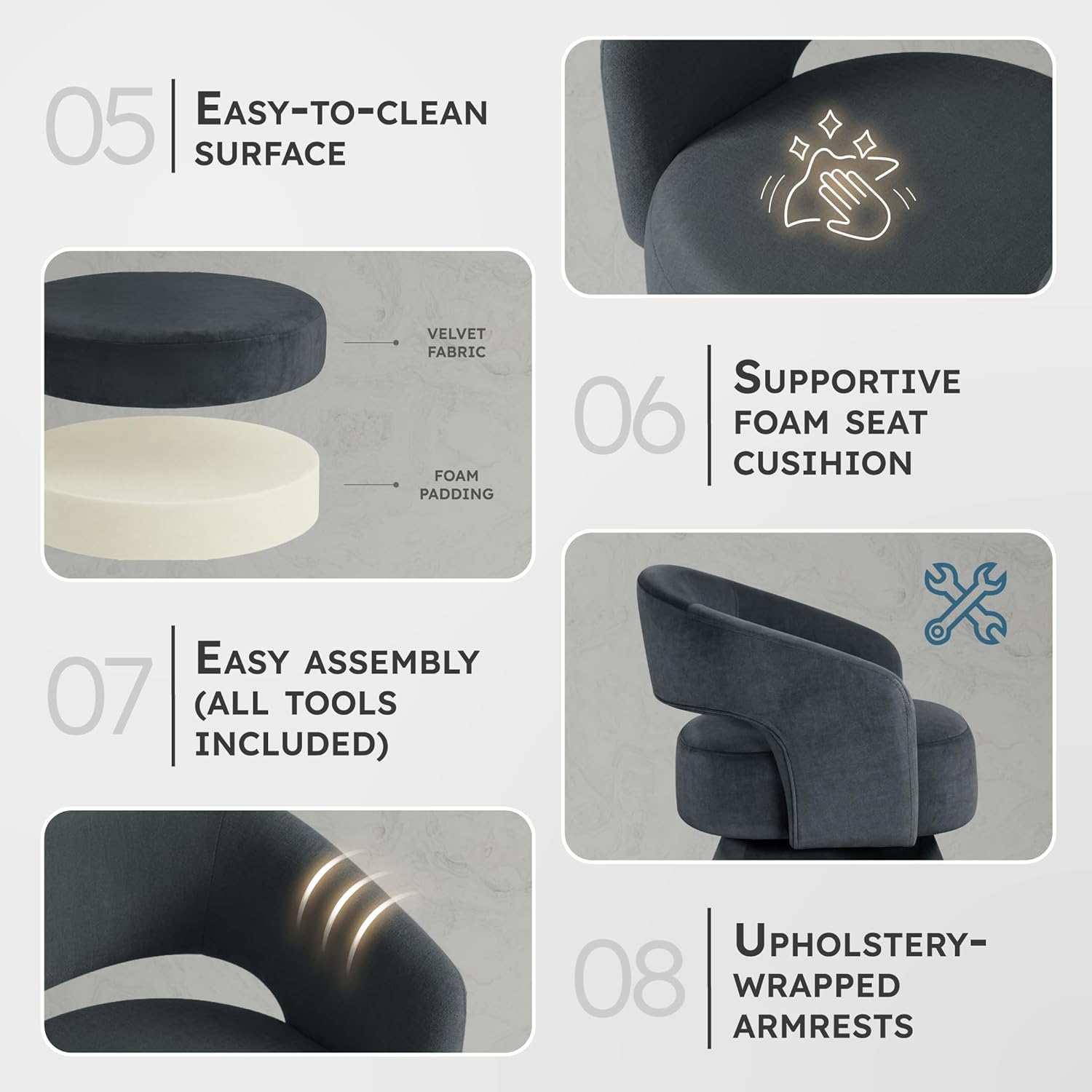 Lexicon 360 Degree Swivel Accent Chair, Modern Comfy Velvet Round Barrel Chair, Open Back, Plush Foam Cushions, Metal Swivel Base for Living Room/Bedroom/Office/Small Spaces, Dark Gray