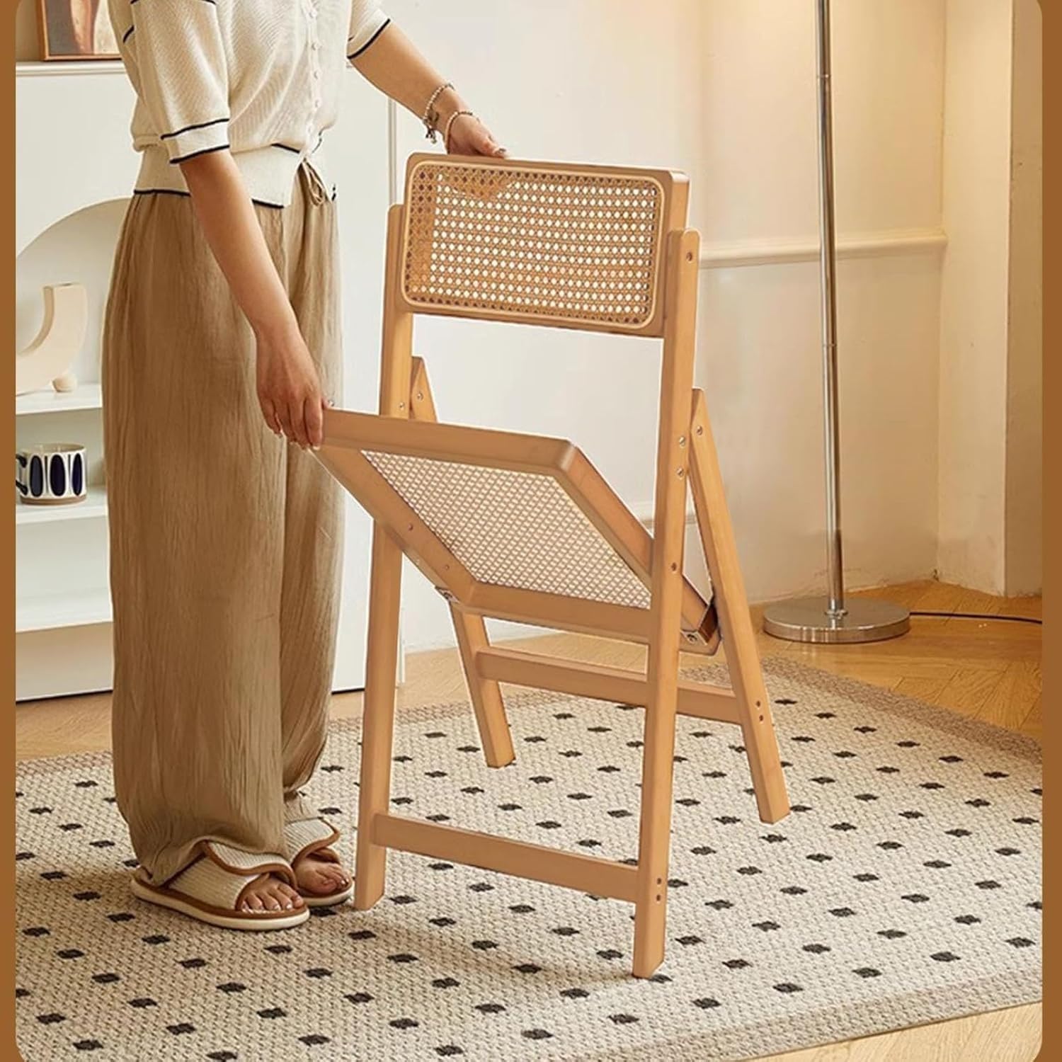 Mid Century Vintage Rattan Folding Chair with Adjustable Back Stackable Wood Chair for Bedroom Living Room Dining Comfy Rattan Seat Leisure Chair for Reading Room(Wood)