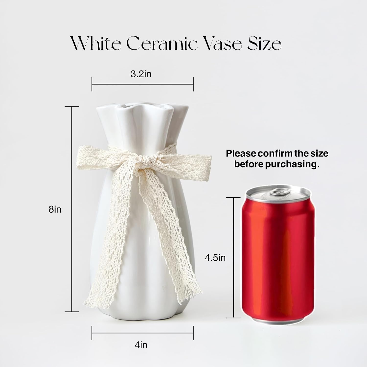 White Ceramic Flower Vase, 8'' Modern Decorative Vases Minimalism Boho Vases for Home Decor, White Vase for Table Centerpieces Living Room Office Wedding Farmhouse Decor