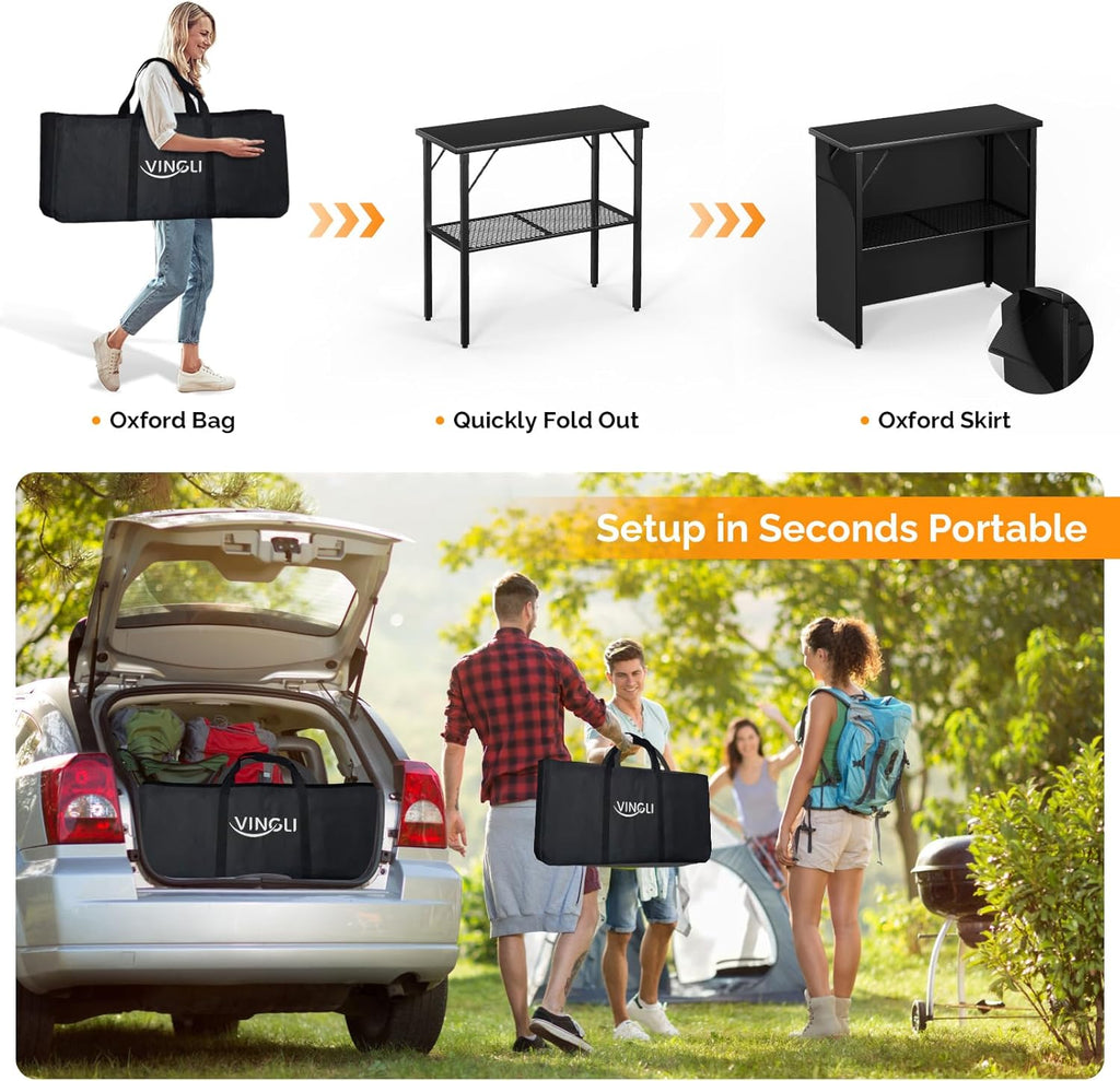 VINGLI 39" Commercial Grade Portable Bar Table for Events, Mobile Bartending Station, Outdoor Indoor Pop Up Bar Table with Skirt PP (39"-1P, Black)