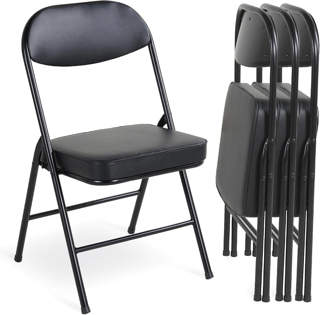 HOMEFUN Padded Folding Chairs Set of 4, Folding Chairs with Cushion and Durable Metal Frame，No Assemble Required for Party Kitchen Office Wedding Black