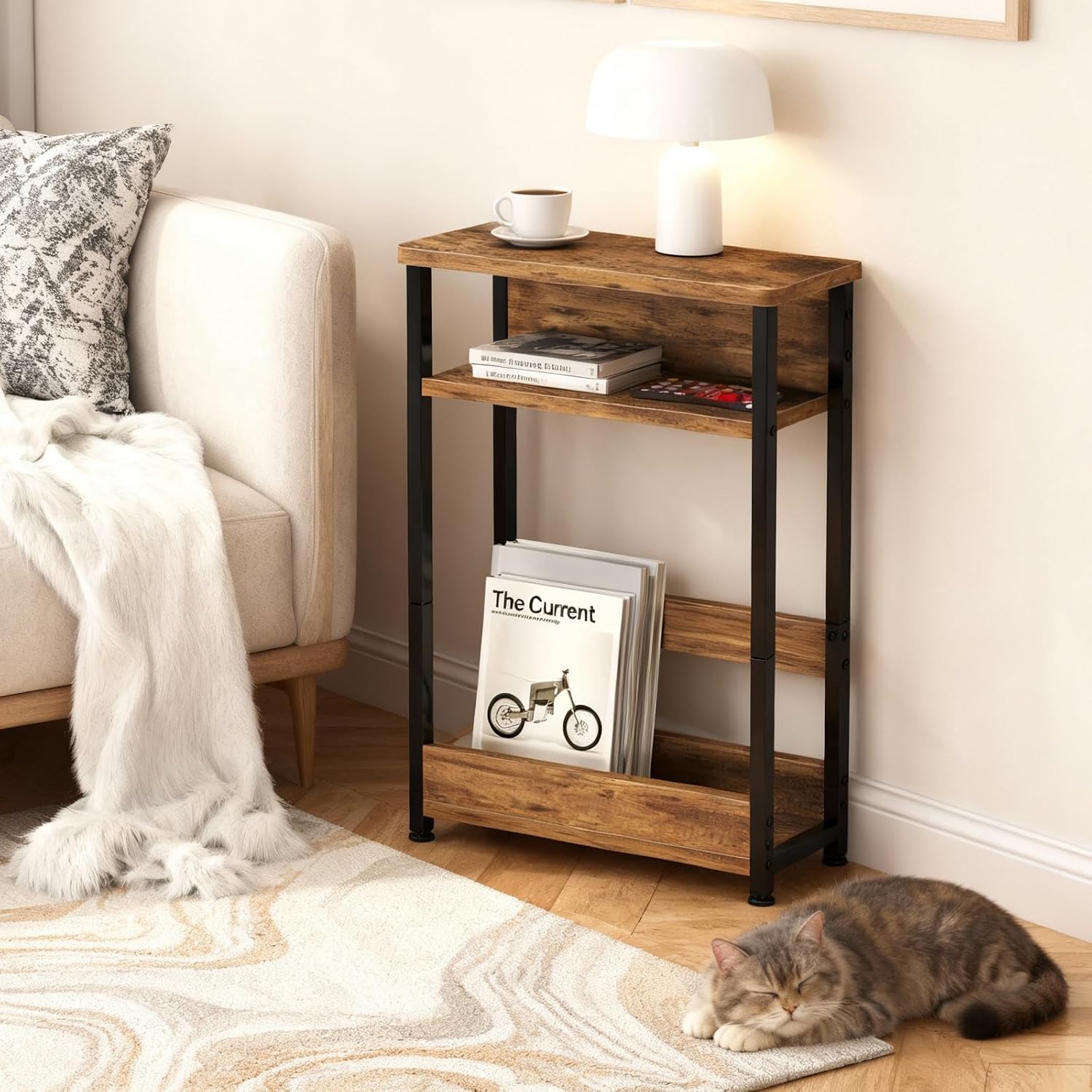 Garvee Narrow Side Table, 3-Tier Slim End Table with Storage Shelf, Modern Sofa Thin Side Tables for Narrow and Small Spaces, Skinny Bedside Tables Nightstand with Magazine Rack Space Saving Brown