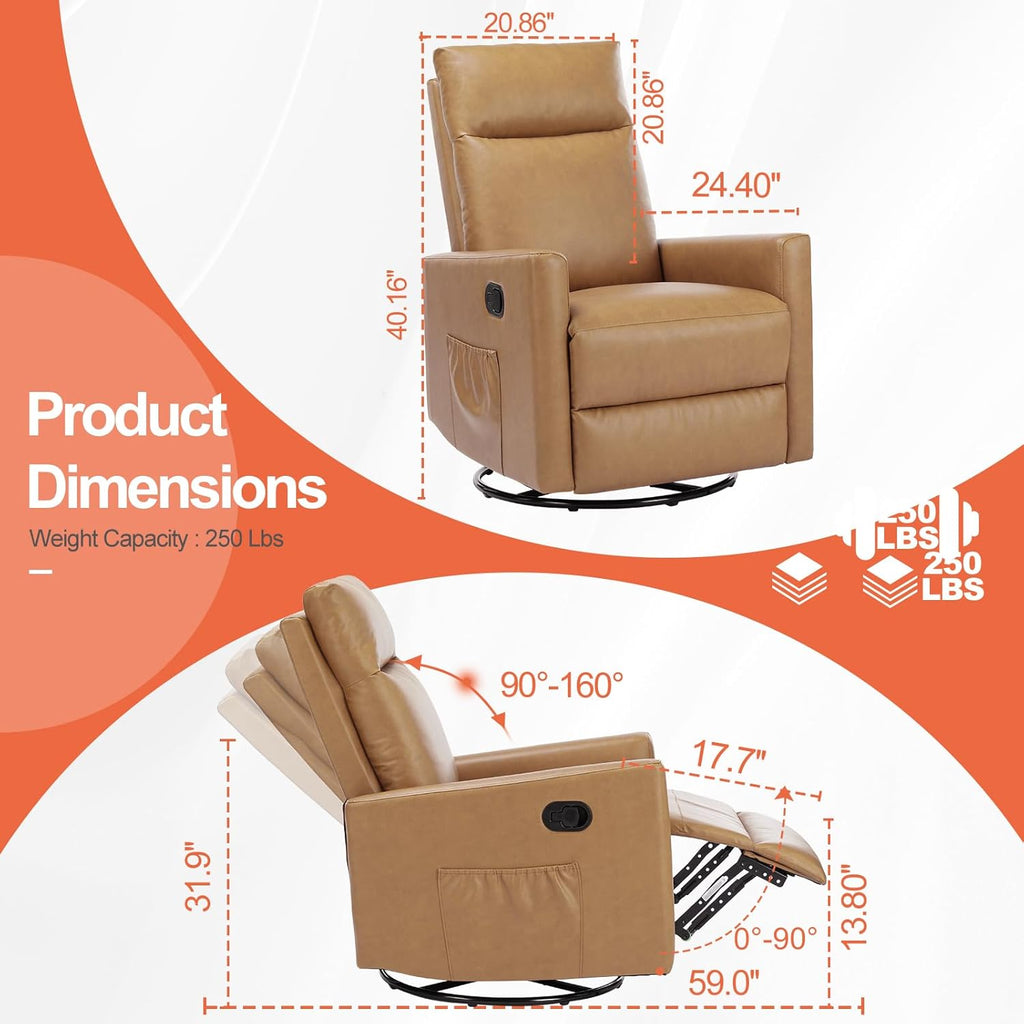 Swivel Rocker Recliner Chair, 360 Degree Glider with High Backrest & Padded Armrests, Manual Rocking Recliner for Nursery, Living Room, Bedroom, Small Spaces, Grey