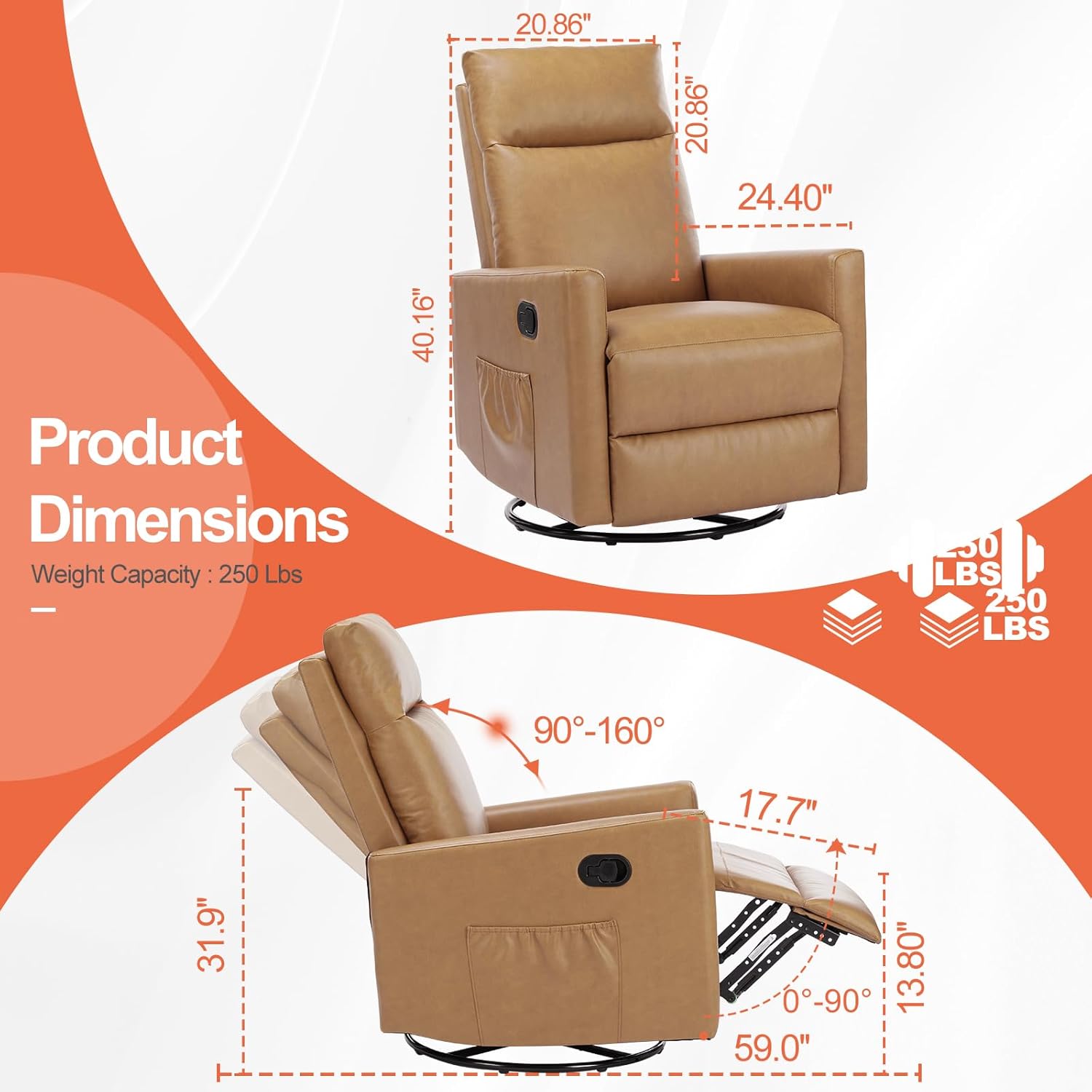 Swivel Rocker Recliner Chair, 360 Degree Glider with High Backrest & Padded Armrests, Manual Rocking Recliner for Nursery, Living Room, Bedroom, Small Spaces, Grey