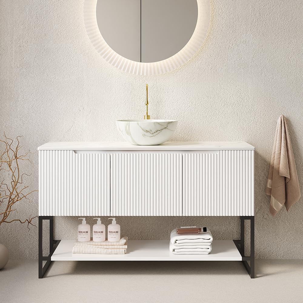 48" Bathroom Vanity with Vessel Sink & 3 Soft-Closing Doors & Open Shelf, Freestanding Bathroom Cabinet with Ceramic Basin and Carrara White Sintered Stone Counter Top-Colmar, White/S