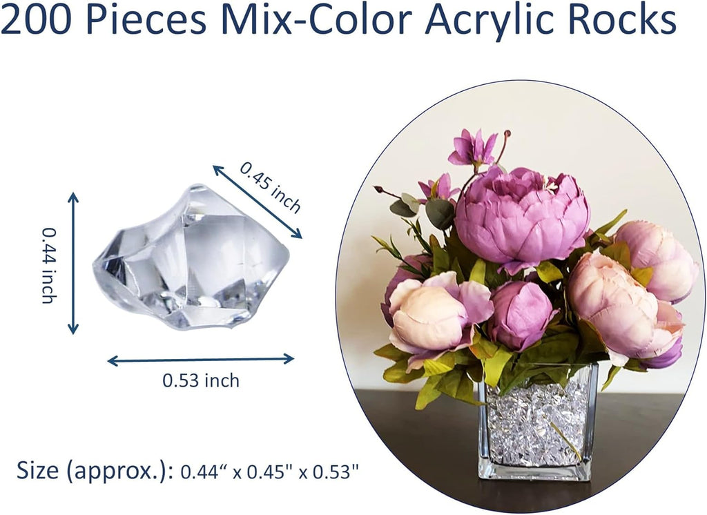 Pack of 200 Decorative Acrylic Crystal Gems, Multi-Color Ice Rocks, Reusable Acrylic Crushed ice Rocks for Home Décor
