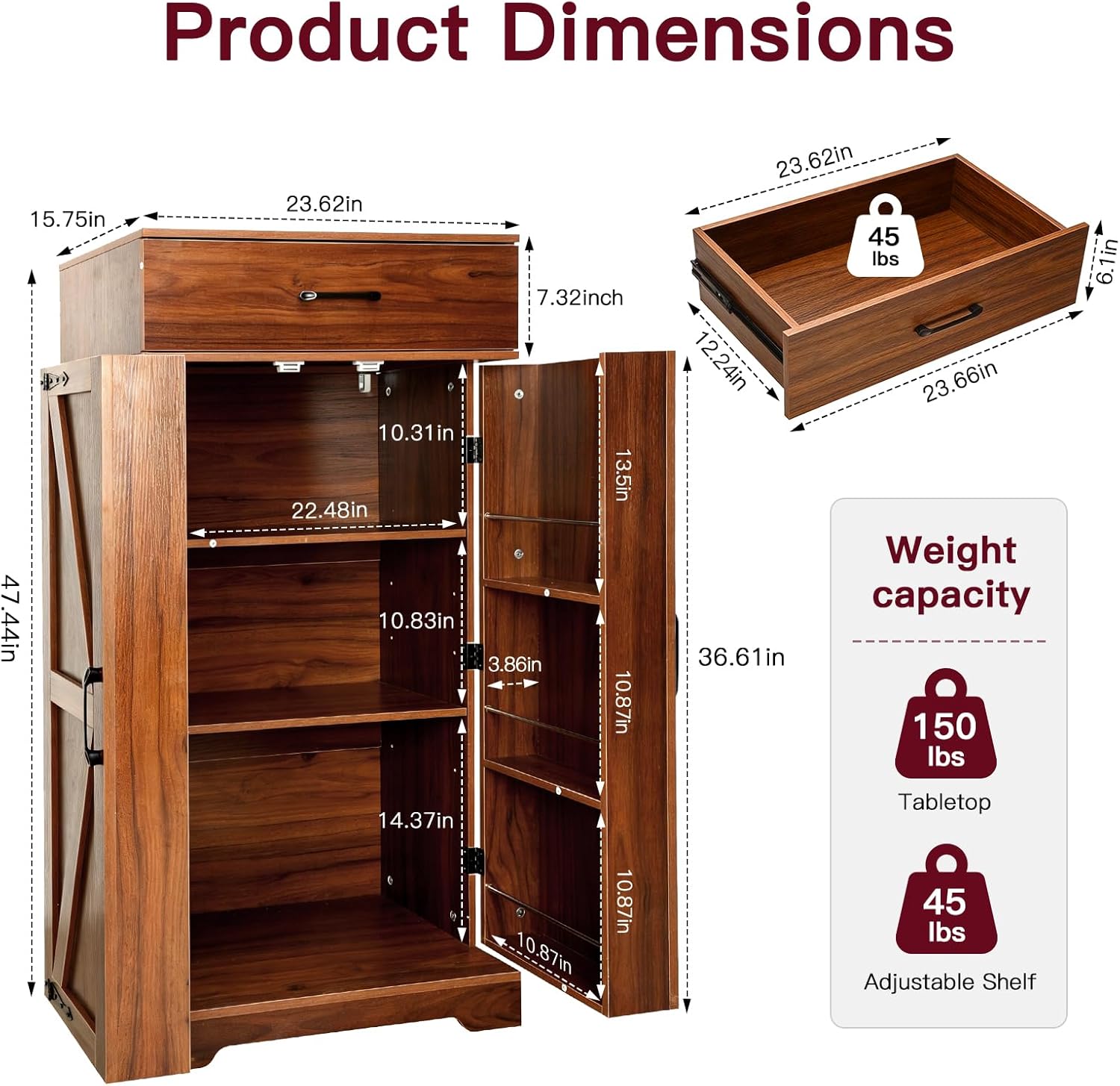 CypherX 47" Farmhouse Brown Kitchen Pantry Storage Cabinet for Dining Room | Rustic sideboard buffet cupboard; doors with shelves & smooth drawer; 47" tall pantry; 5-level adjustable storage shelves