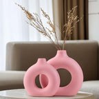 Pink Ceramic Vase Set of 2-2 Round Donut Vase, Modern Pink Vases for Centerpieces, Flower Vase for Decor, Apply to Living Room, Kitchen, Mantle, Bedroom, Dining Table, Office, Farmhouse