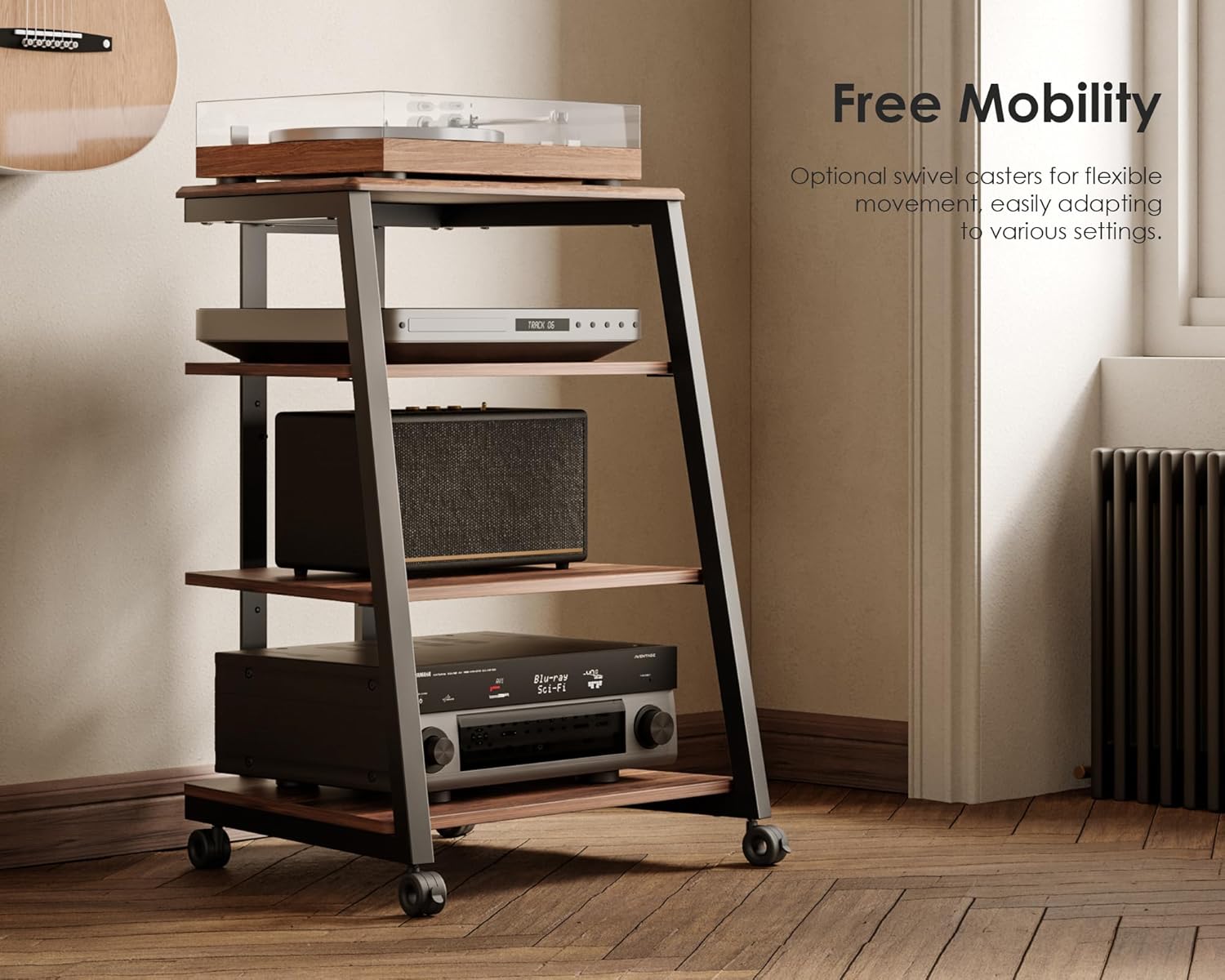 FITUEYES 4-Tier AV Media Stand Corner Shelf for Record Player Wooden Stereo Cabinet Audio Rack Tower with Height Adjustable Wooden Shelves for ps4 (Walnut)