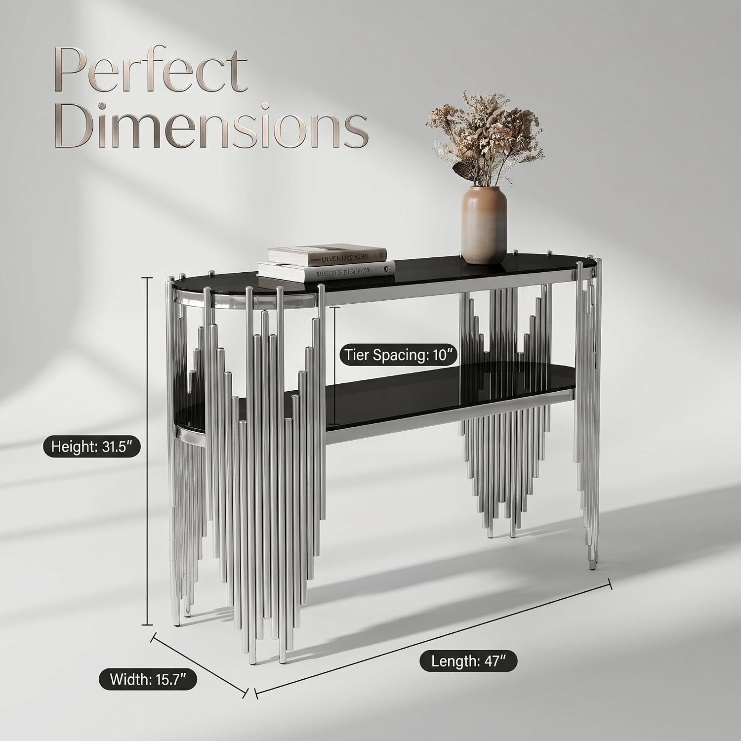 Modern Oval Console Table, 47 Inch Silver Sofa Tables with 2-Tier Black Tempered Glass Shelves & Polished Stainless Steel Frame Accent Side Table for Hallway Living Room (Silver+Black)