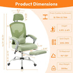 Home Office Desk Chair, Comfortable Mesh Computer Chair with Foot Rest, Reclining Gaming Chair with Headrest and Lumbar Support, 90°-130° Reclining, Light Green