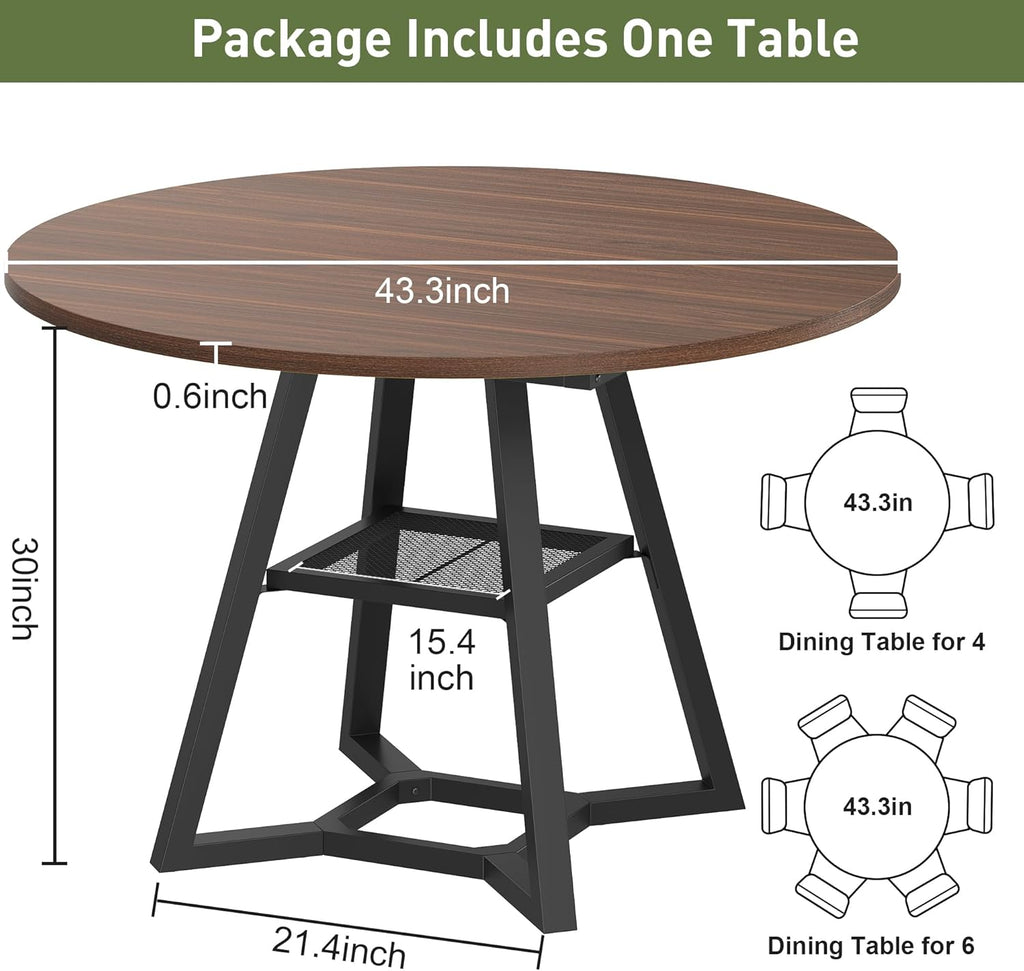 knoworld Round Dining Table for 4-6 with Storage Shelf, Kitchen & Dining Room Circle Pedestal Table, Heavy Duty Metal Frame & Wood Top