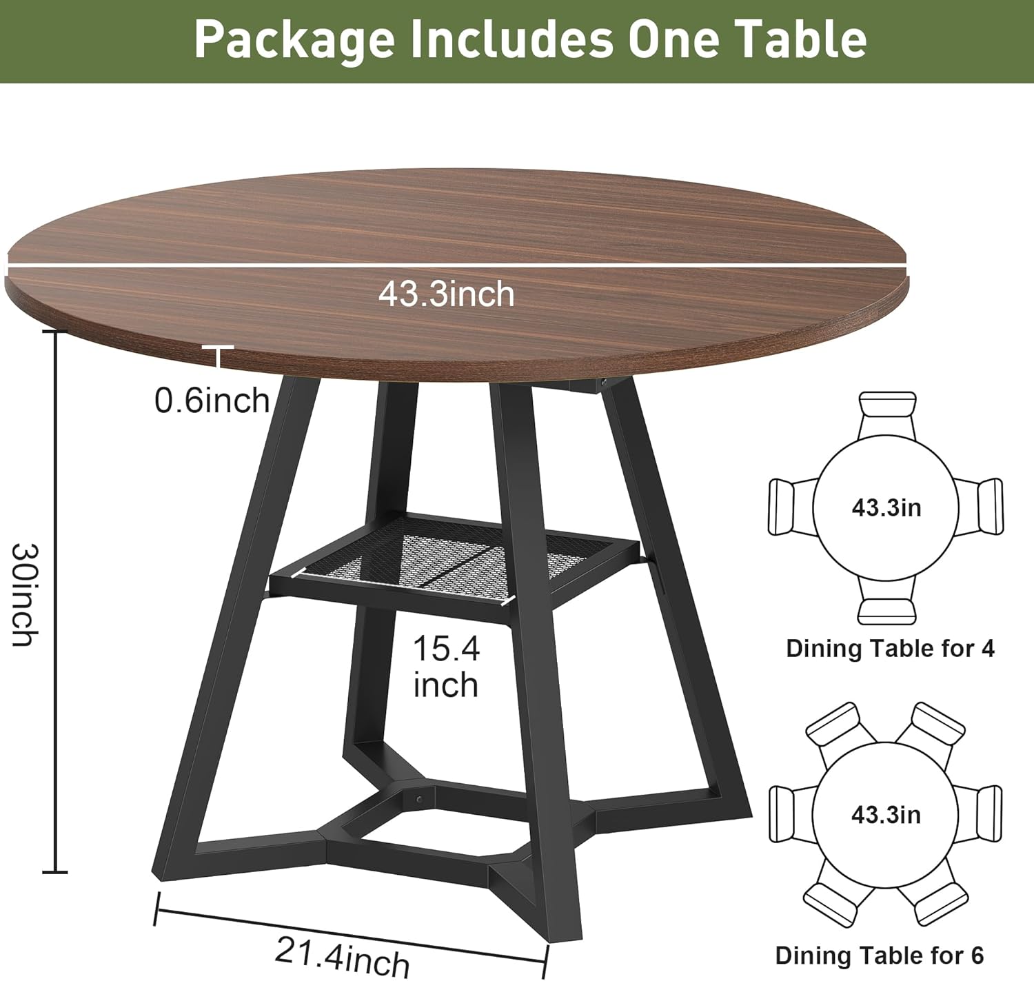 knoworld Round Dining Table for 4-6 with Storage Shelf, Kitchen & Dining Room Circle Pedestal Table, Heavy Duty Metal Frame & Wood Top