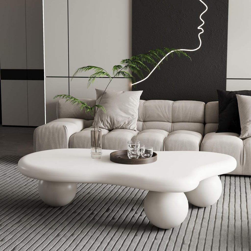 47" Cloud Coffee Table for Living Room Irregular Coffee Table Modern Low Coffee Tables Abstract Faux Stone Cute Center Table with 3 Ball Legs for Small Space Apartment