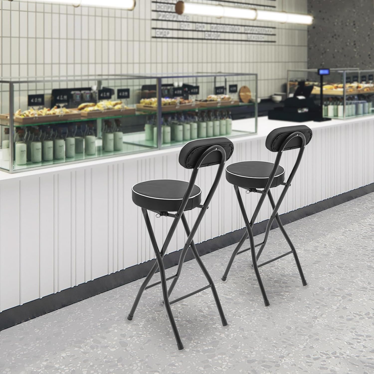 2 PCS Folding Bar Stool with Back, Tall Foldable Stool, Portable Stools Counter Height Foldable Stools Chairs Collapsible Stool for Kitchen Bar Shop Cafe ﻿ (Black)
