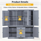 73'' Traditional Freestanding Wooden Kitchen Pantry, Large Kitchen Storage Unit Cupboard with Drawers Cupboard with Door Shelves and Adjustable Shelves (Gray-T)