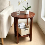 Small Round Side Table, 2-Tier Solid Wood End Table, Mid Century Modern Nightstand for Living Room, Bedroom, Easy Assembly (Walnut)