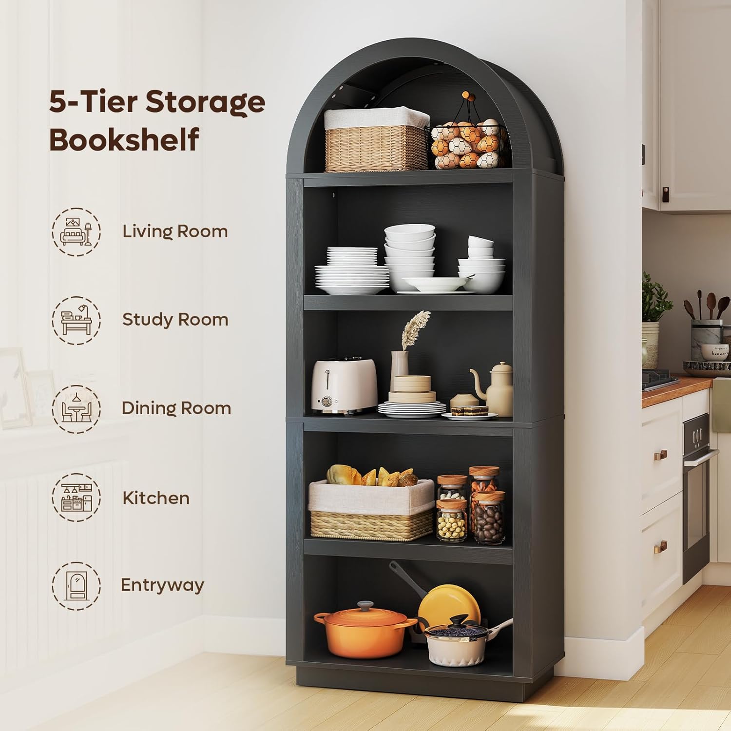 Bestier 76" Tall Arched Bookshelf, 5 Tier Arched Bookcase with Adjustable Book Shelves, Large Arch Wood Bookshelf, Modern Farmhouse Open Display Tall Bookcase for Bedroom, Home Office, Bedroom, Black