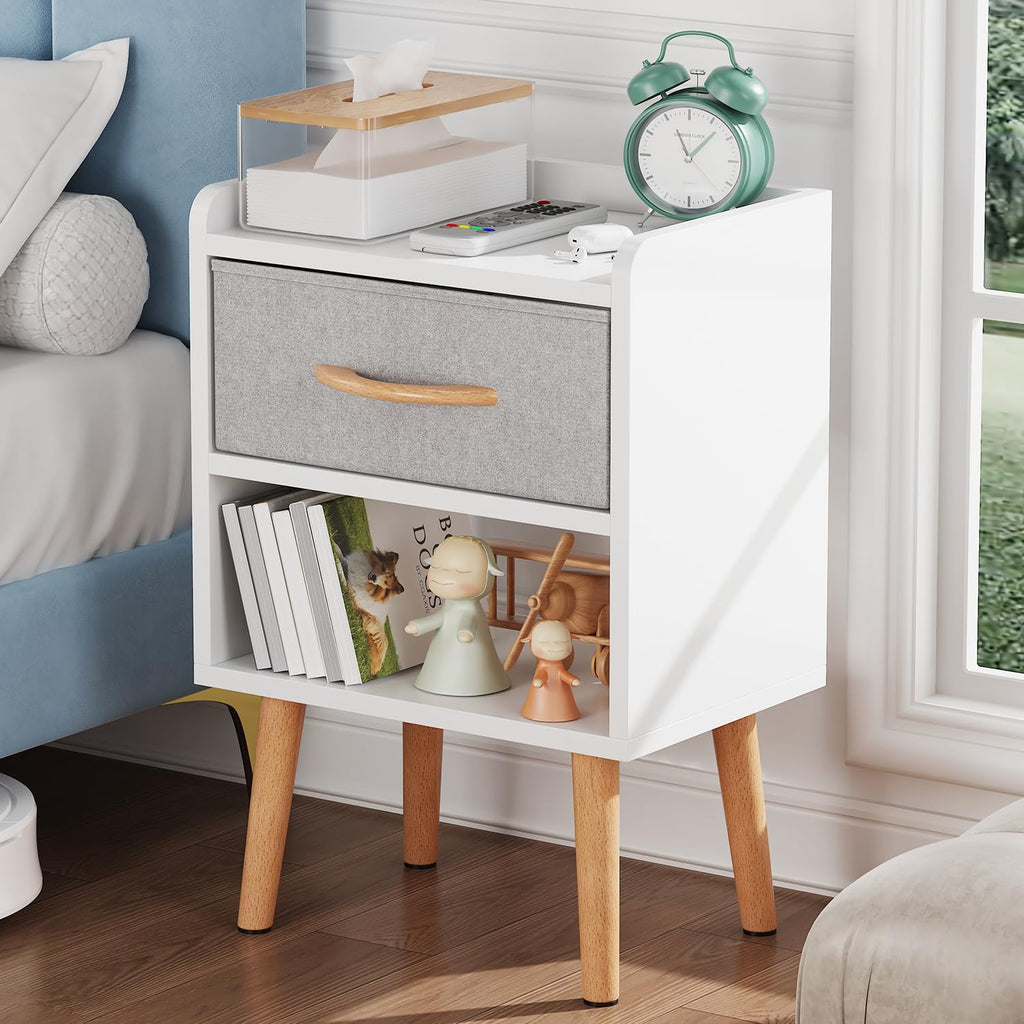 White Nightstand with Drawer, Small Wood Bedside Table, Kids Nightstand | Mid Century Modern Nightstand, Small Bedside Table for Bedroom, Kids Room & Small Spaces.