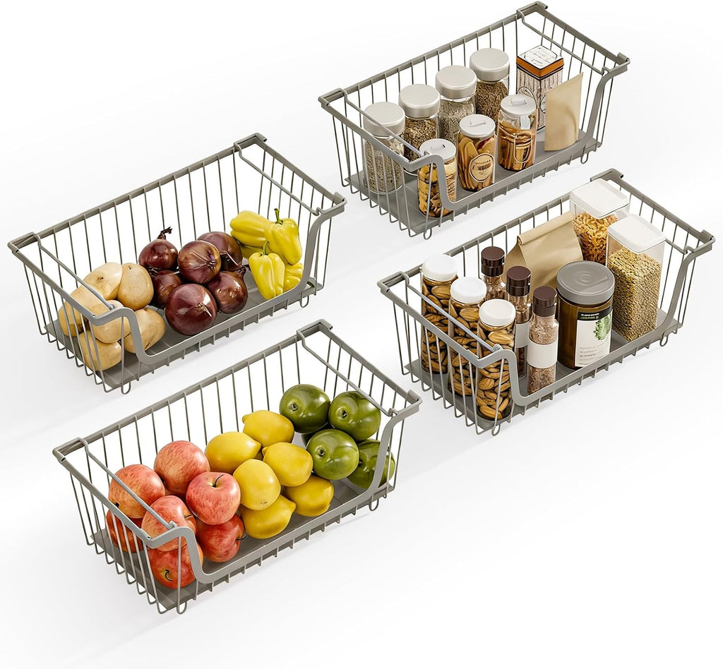 4 Pack Stackable Wire Baskets with Handles for Pantry Organizers and Storage, Fruit and Vegetable wire storage baskets, Potato and Onion Storage Bin, Metal Baskets for Organizing Snacks, Cans (Gray)
