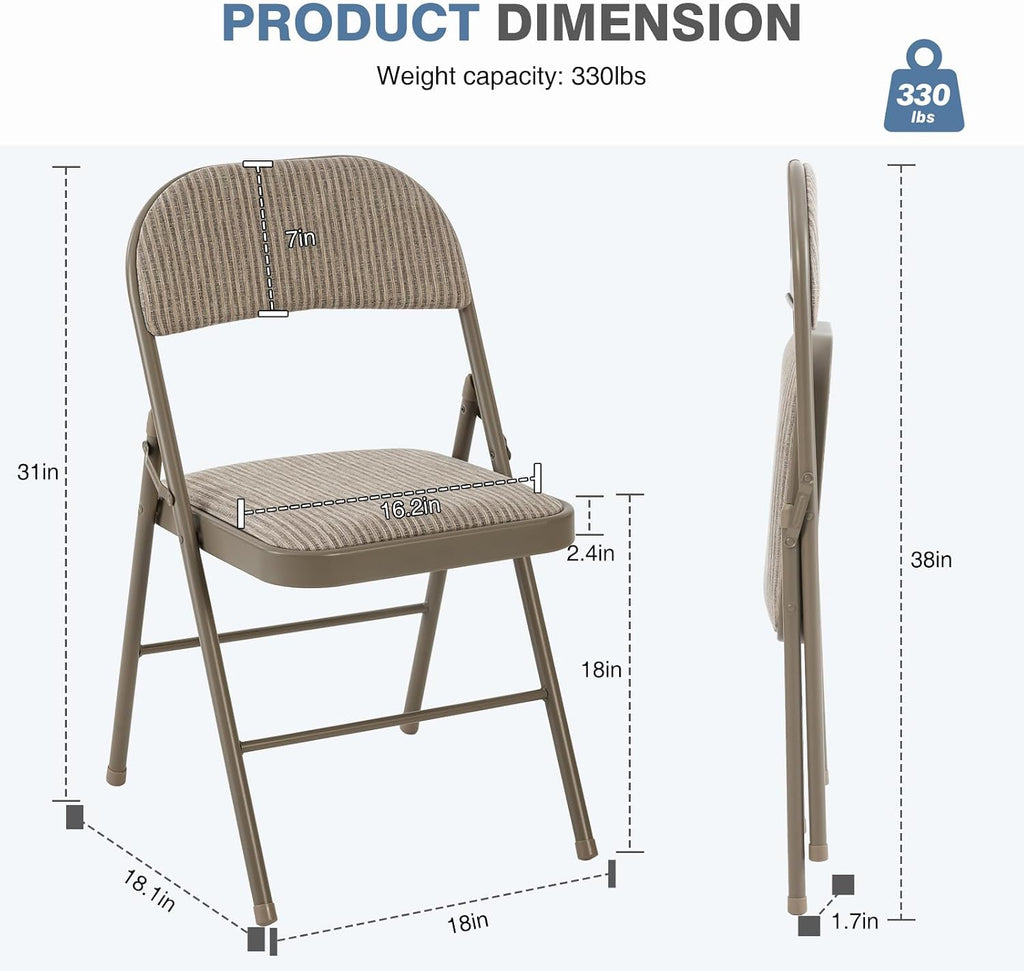 DUMOS 2 Pack Folding Chairs with Padded Cushion and Back - Fabric Stackable Portable Dining Chairs Set, for Home and Office, Conference, Wedding, Party, Patio, Garden, for Indoor Outdoor, Khaki