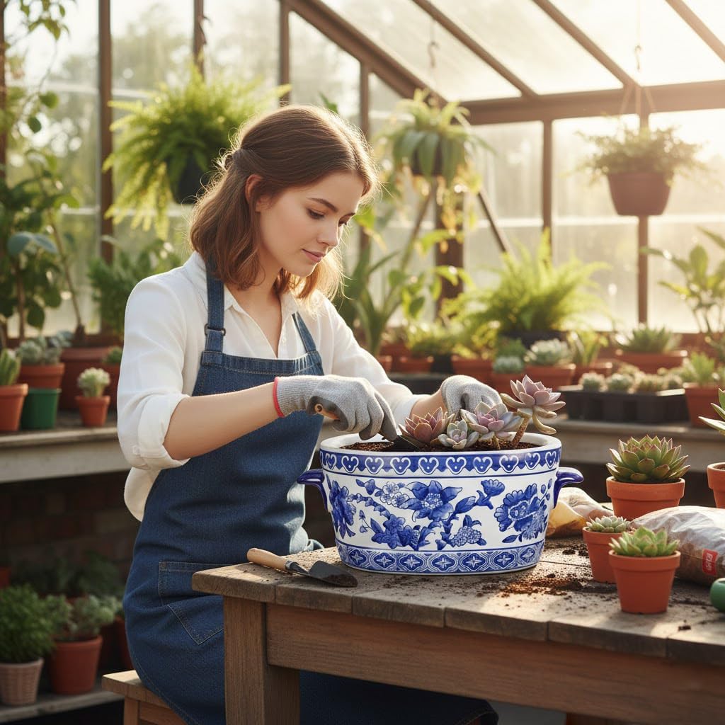 Blue and White Ceramic Planter Pot – Vintage Floral Oval Cachepot Vase for Indoor Plants, Flowers & Succulents – Glazed Chinese Porcelain Style Decorative Bowl – 7.4" or 10.6" Size – No Drainage