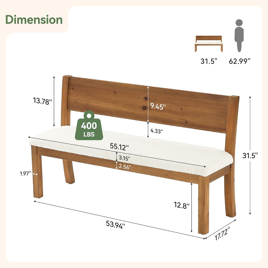 55" Solid Wood Entryway Bench Farmhouse Dining Bench with Backrest Long Window Bench with Cushion, Upholstered Storage Bench for Hallway Dining Room Bedroom, Sherpa White & Brown