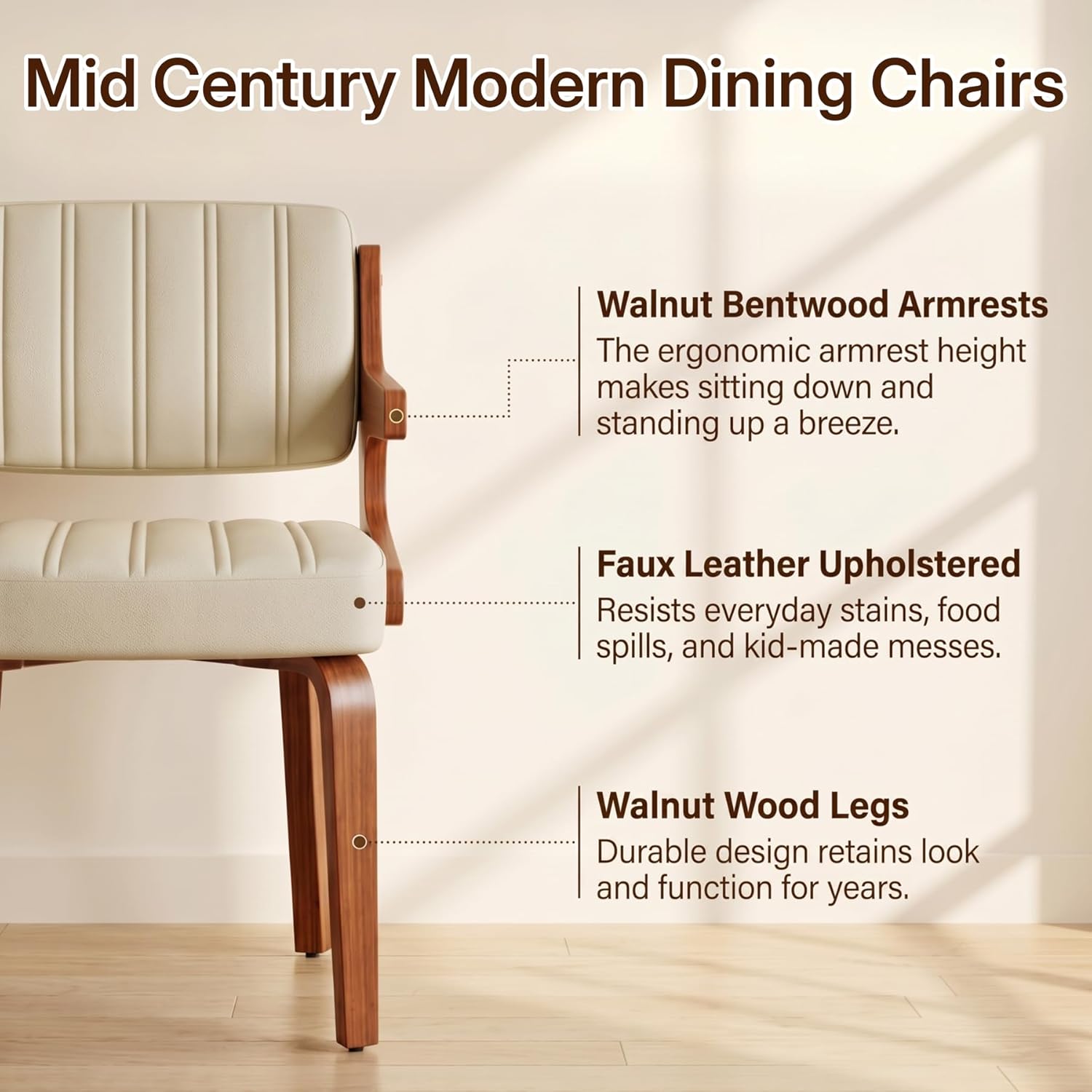 Dining Chairs Set of 6, Mid Century Modern Faux Leather Upholstered Kitchen Chair with Ergonomic Sponge Backrest, Hanging Bentwood Armrests for Kitchen Dining Room, Beige