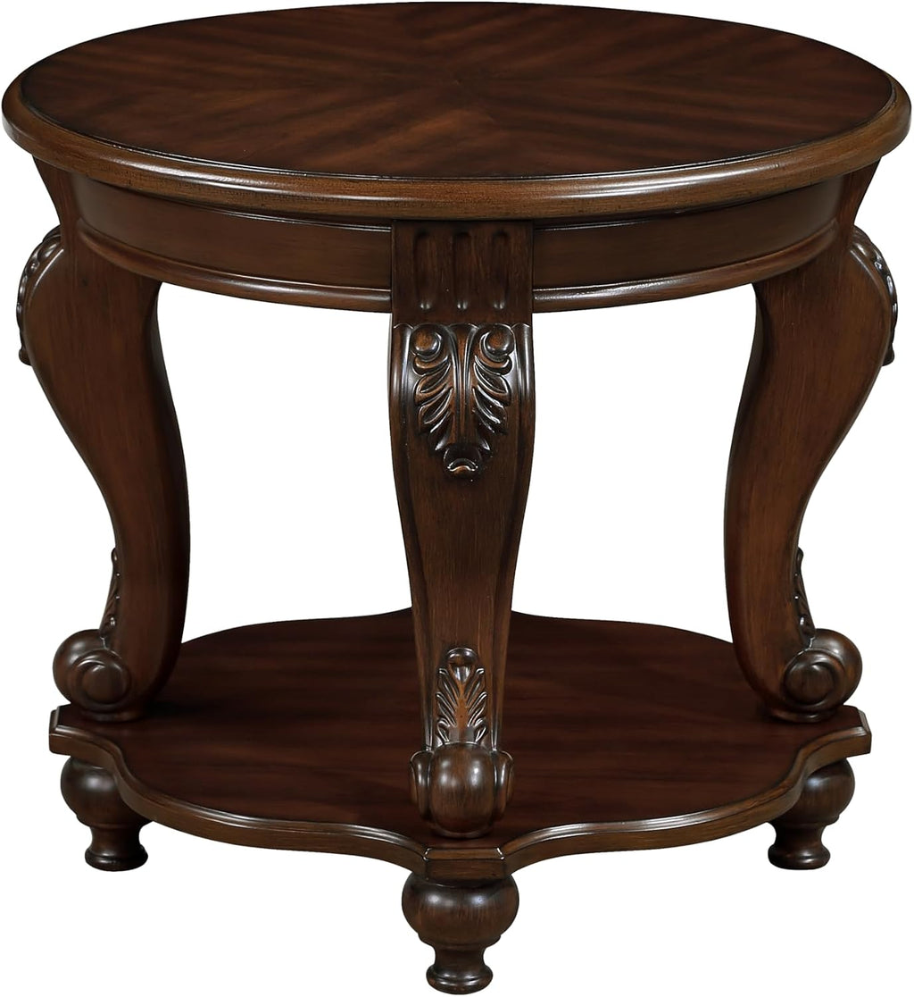 22'' Retro Round End Table,Solid Wood Sofa Side Table with Shelf,Living Room Corner Table Easy Assemble,Cherry