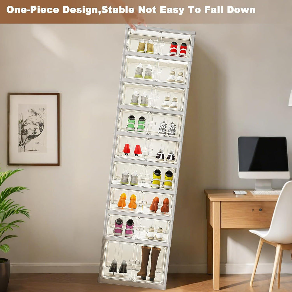CuisinSmart 9-Tier Foldable Shoe Rack Organizer for Closet,Stackable Sneaker Storage Boxes with Door,Easy Assembly,Plastic Boot Organizer Boxes for Hallway,Living Room,Closet