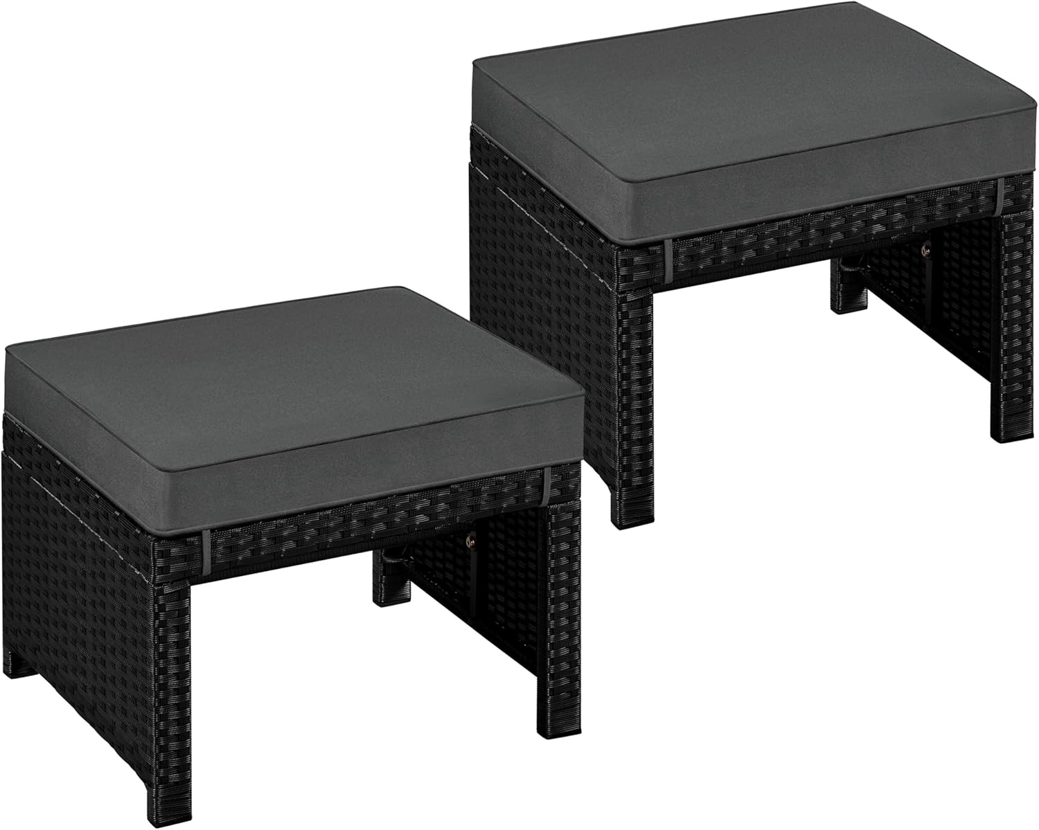 Yaheetech Wicker Ottomans, Set of 2 Footrest with Removable Cushion, 2pcs PE Rattan Side Table Additional Seating Multipurpose Outdoor Furniture for Patio, Backyard, Black/Gray